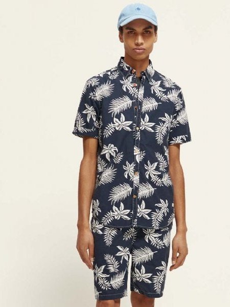 Printed & washed short sleeve poplin shirt jungle