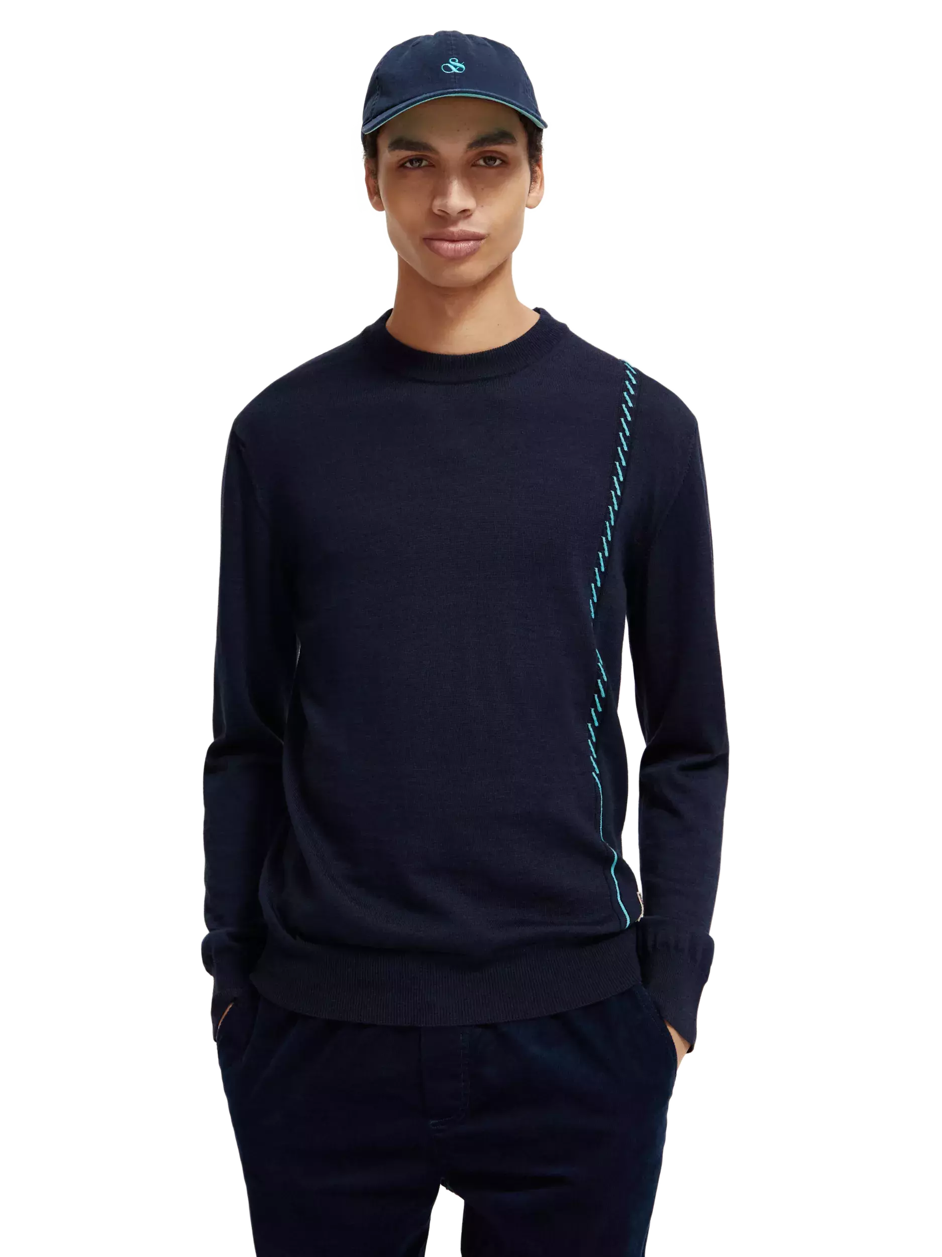 Contrast-trimmed merino wool crewneck pullover steel
