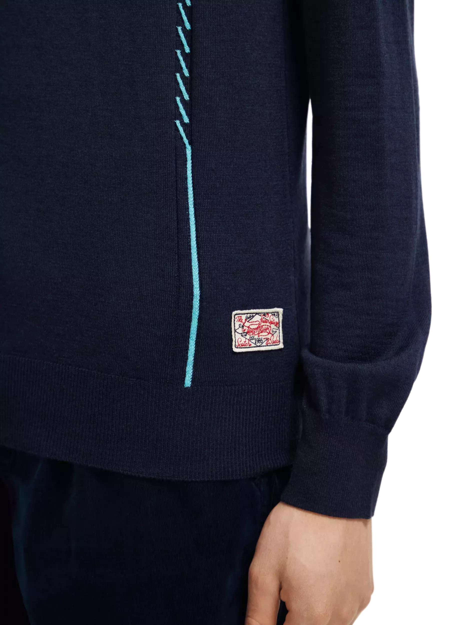 Contrast-trimmed merino wool crewneck pullover steel