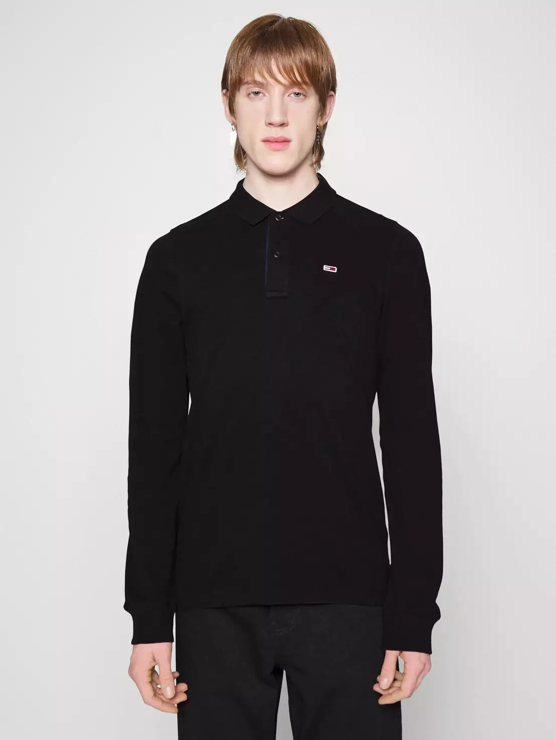 Slim fit solid long sleeve polo - zwart