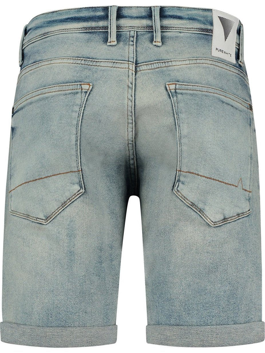 Denim short with bleached and rust colour spots in green-blue