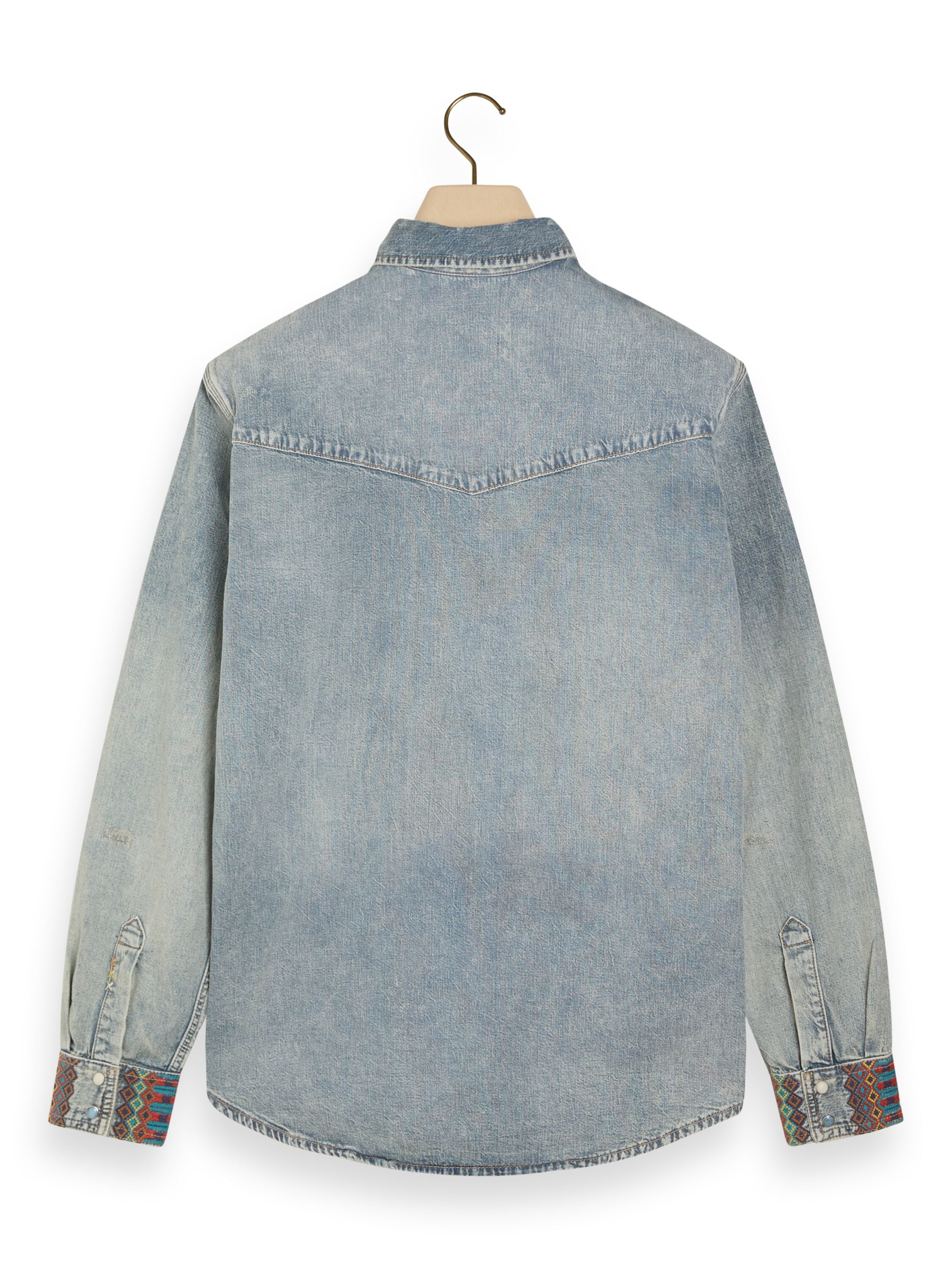 Denim western shirt with damages and embroidered cuffs Indigo