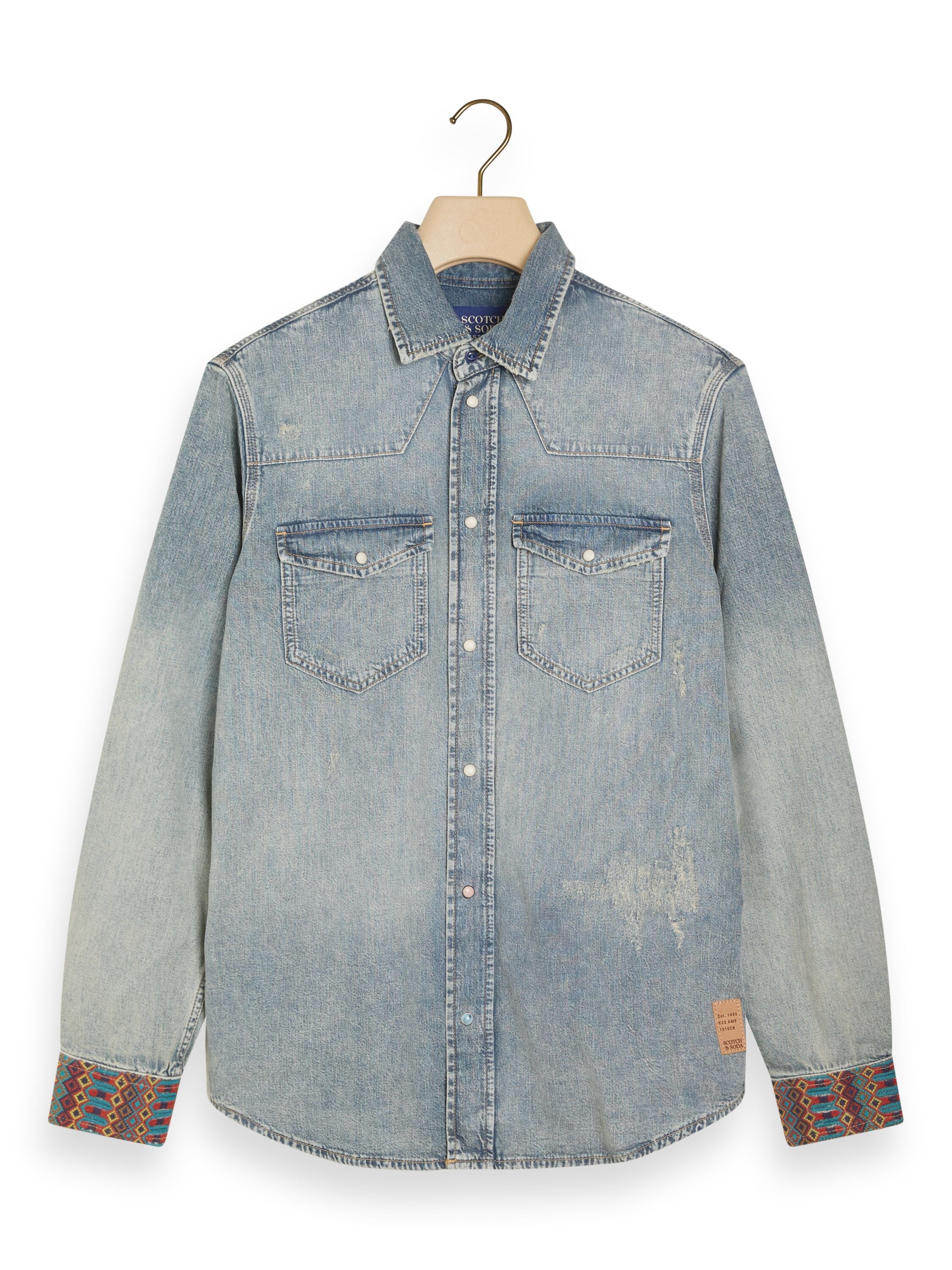 Denim western shirt with damages and embroidered cuffs Indigo
