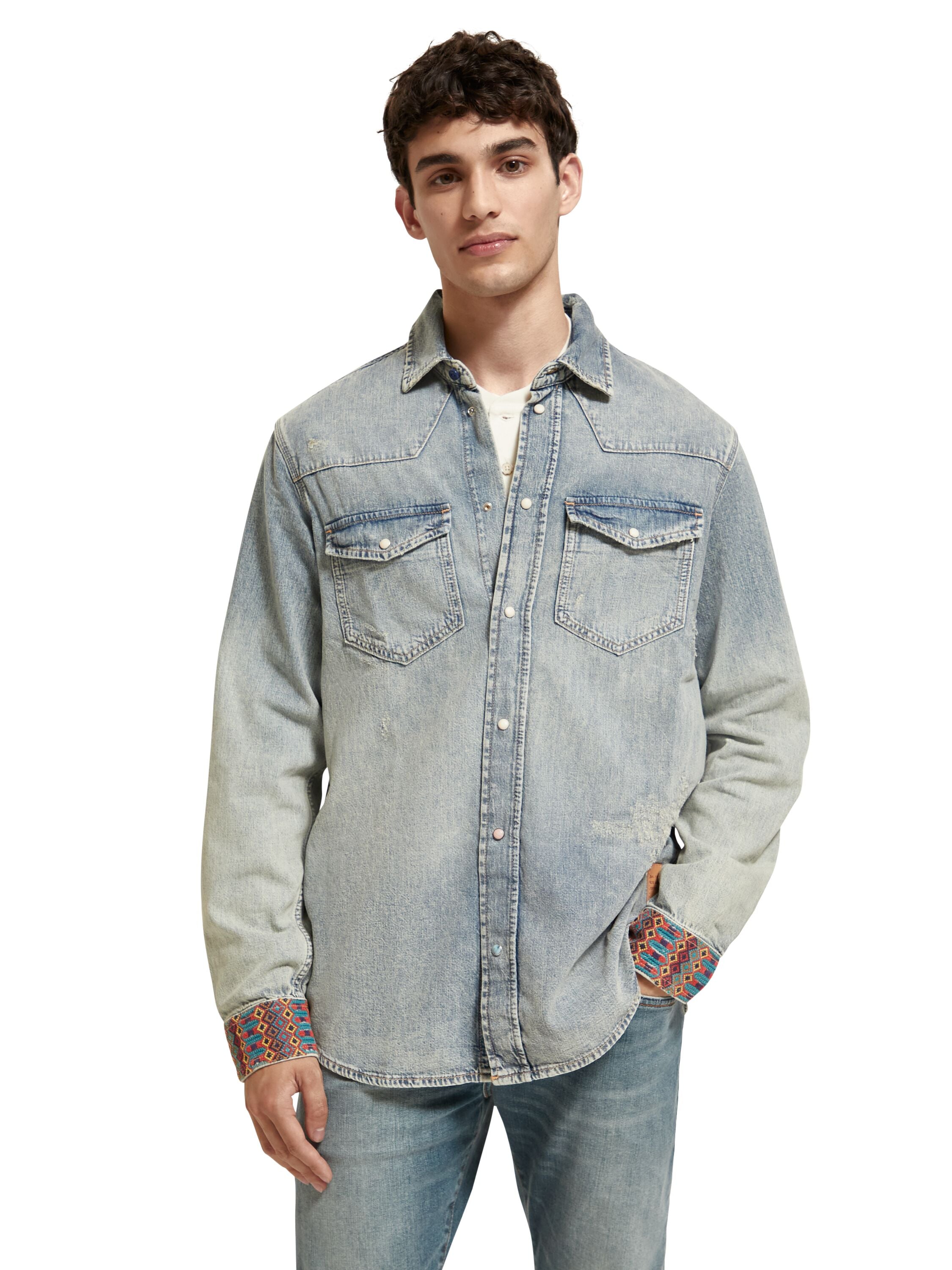 Denim western shirt with damages and embroidered cuffs Indigo