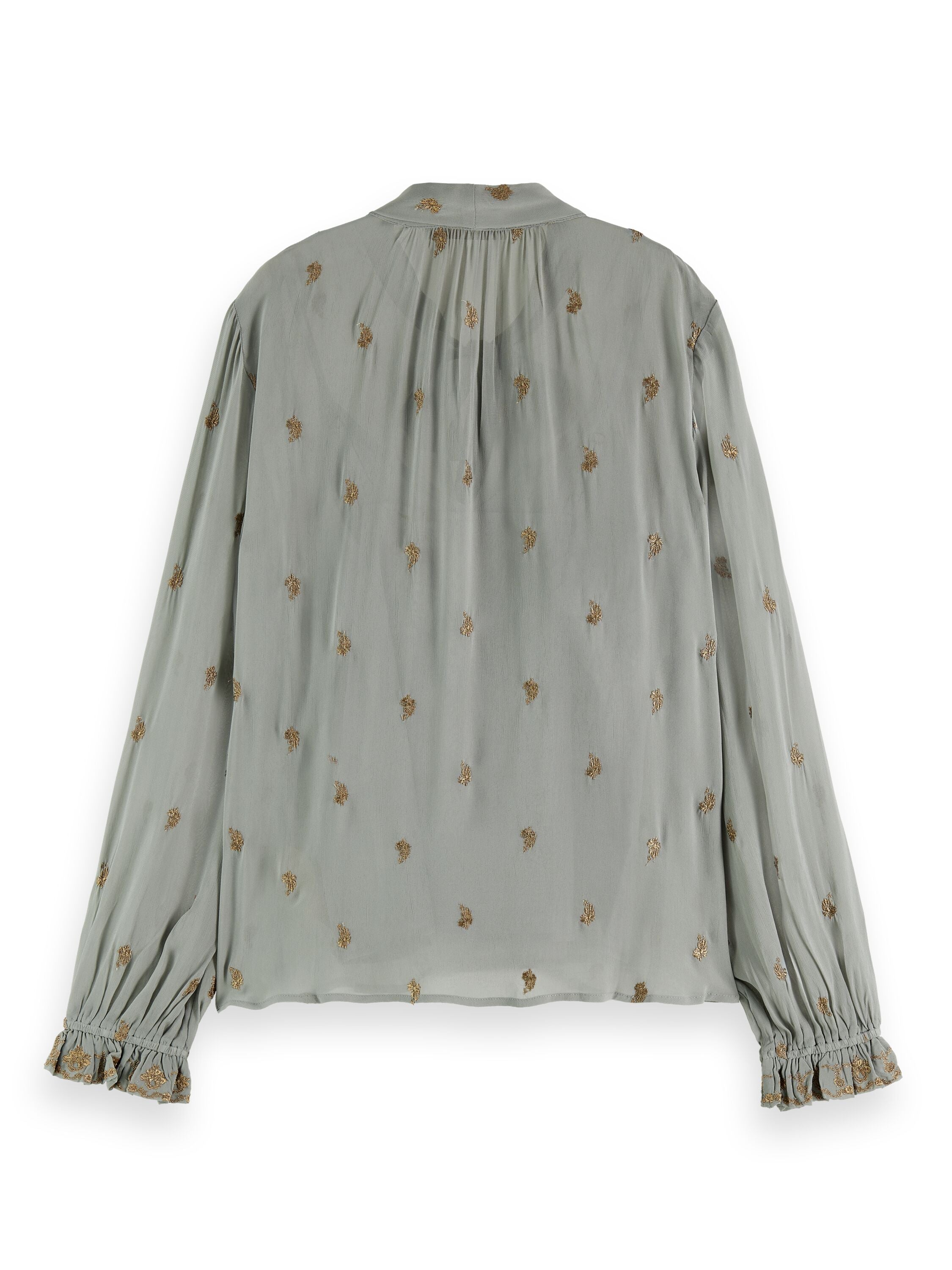 Embroidered top with tie neck Grey sheer jacquard