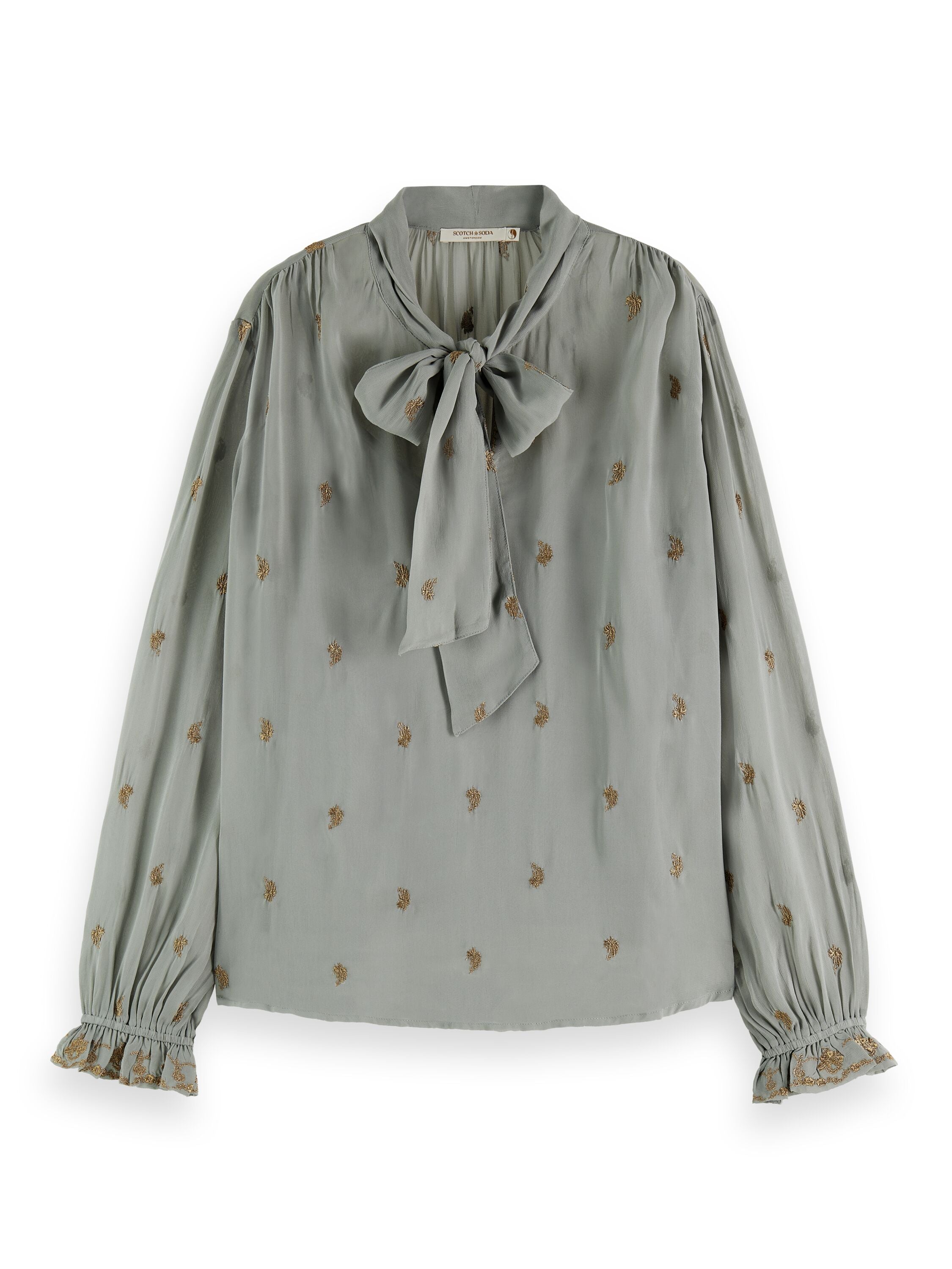 Embroidered top with tie neck Grey sheer jacquard