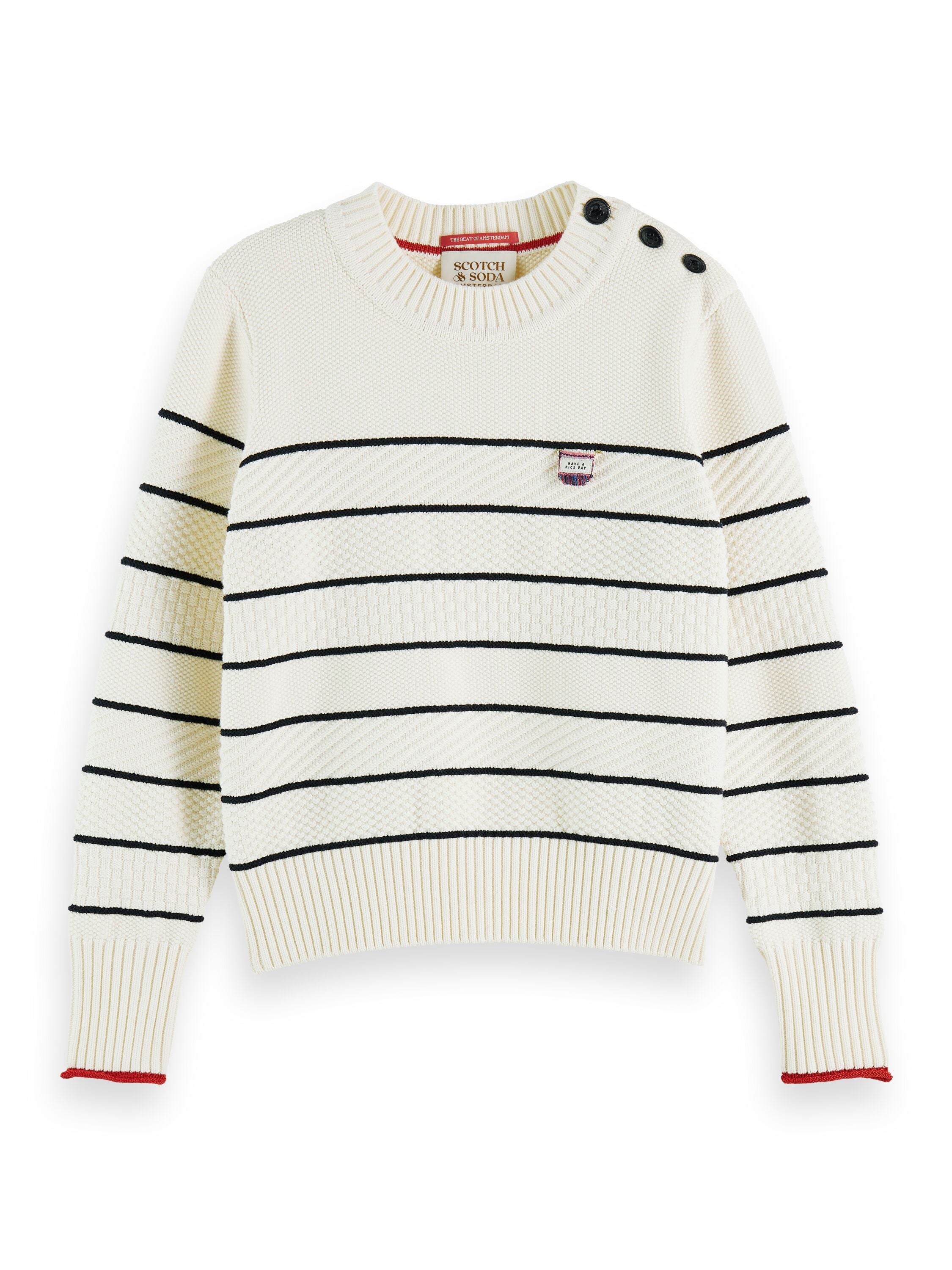 Button shoulder striped pullover Ecru