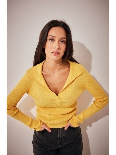 Pique collar knitted long top - Golden