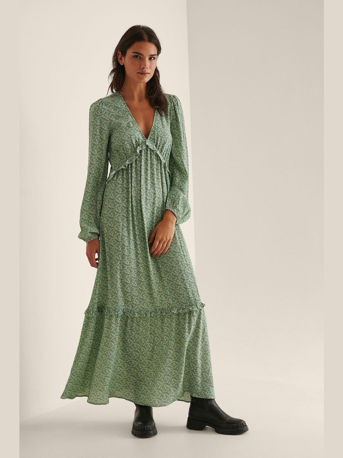 BALLOON SLEEVE MAXI FRILL DRESS - Green flower