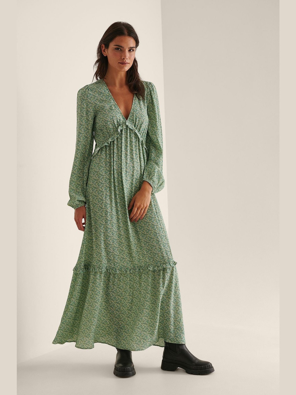 BALLOON SLEEVE MAXI FRILL DRESS - Green flower