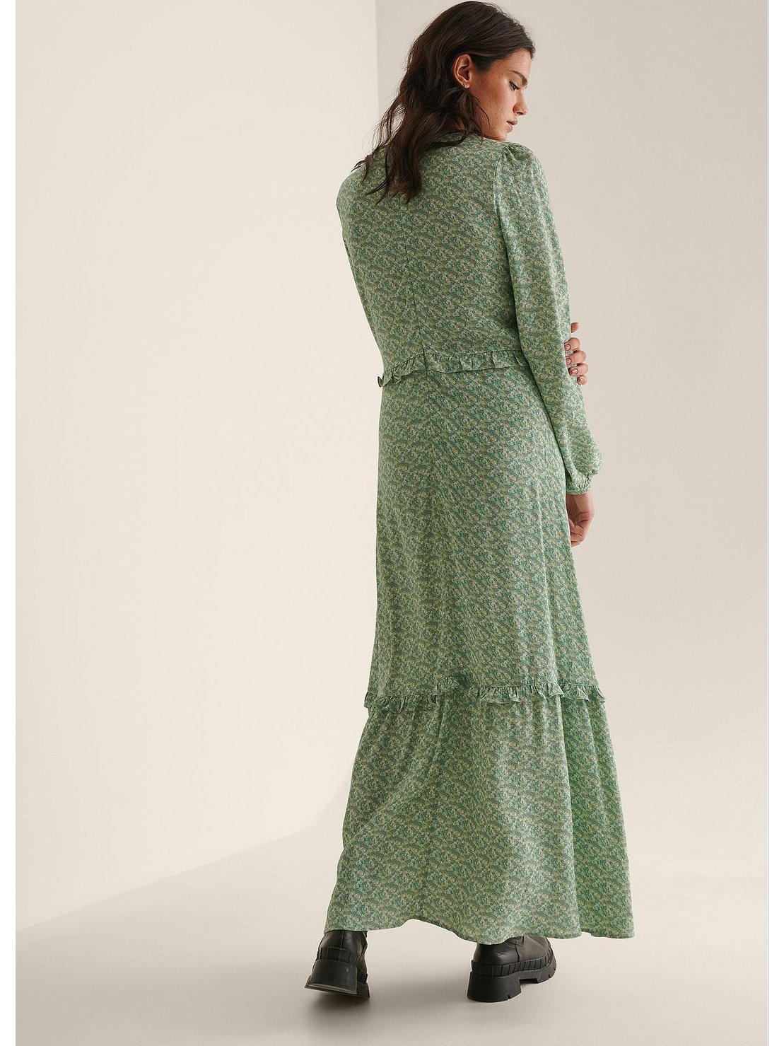 BALLOON SLEEVE MAXI FRILL DRESS - Green flower