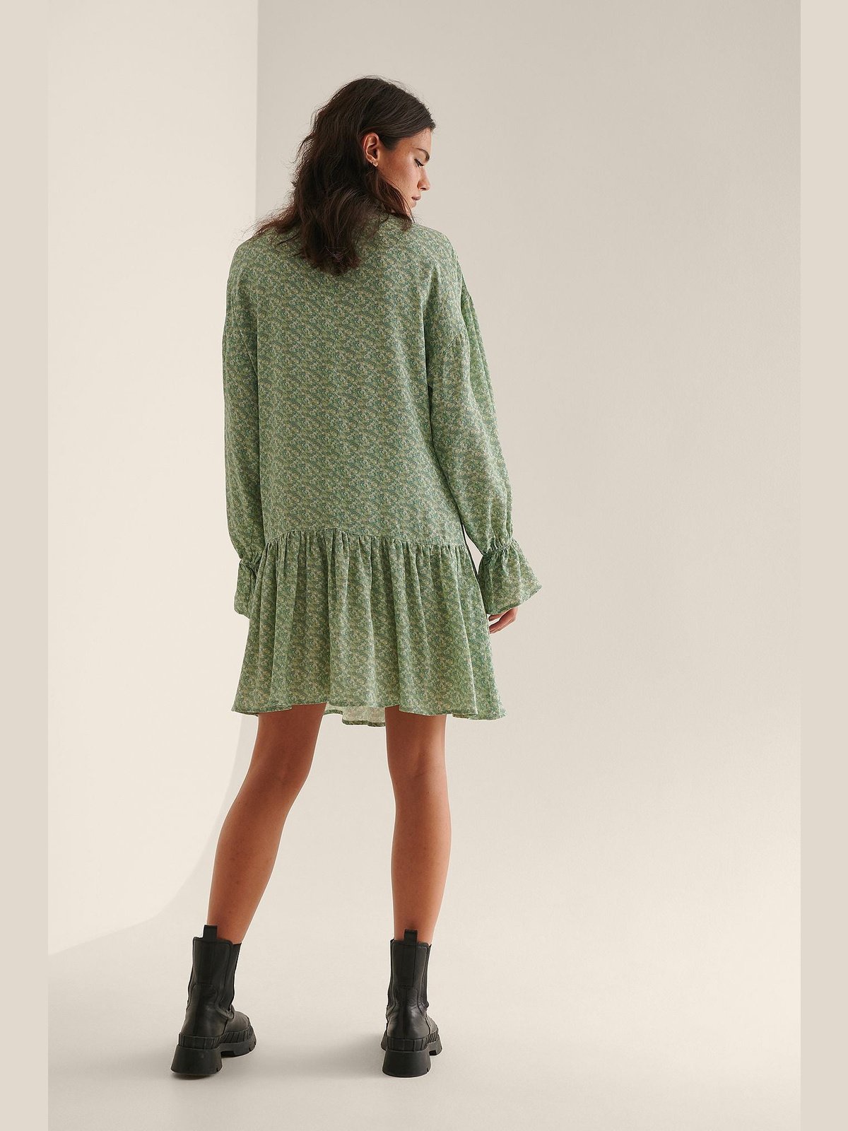 FRILL DETAIL MINI DRESS - green flower