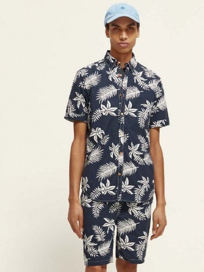 Printed &amp; washed short sleeve poplin shirt jungle