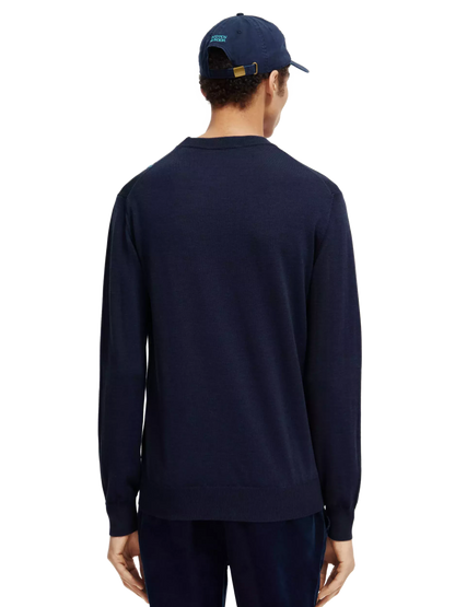 Contrast-trimmed merino wool crewneck pullover steel