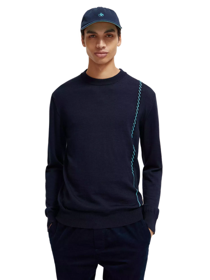 Contrast-trimmed merino wool crewneck pullover steel