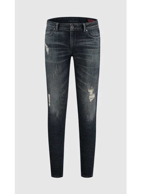Skinny fit jeans with all-over damgaing spots in denim dark