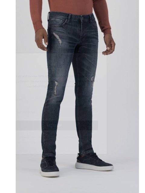 Skinny fit jeans with all-over damgaing spots in denim dark