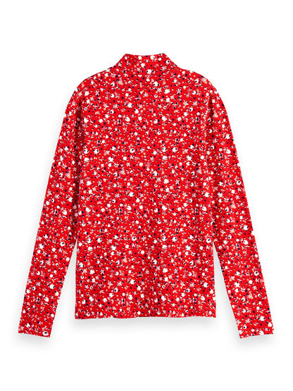 Mock neck allover printed slim-fit top Space Floral Electric Red