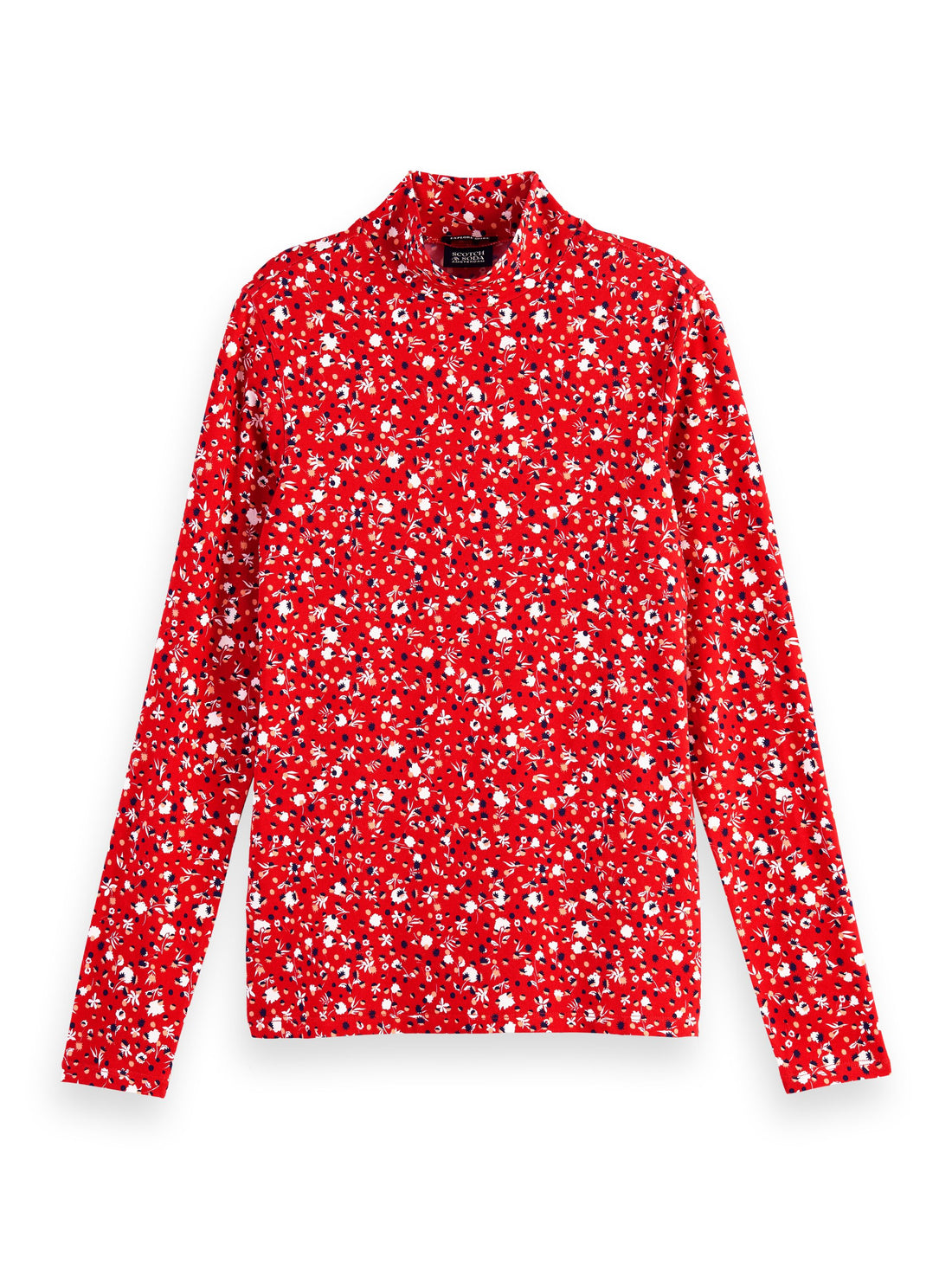 Mock neck allover printed slim-fit top Space Floral Electric Red
