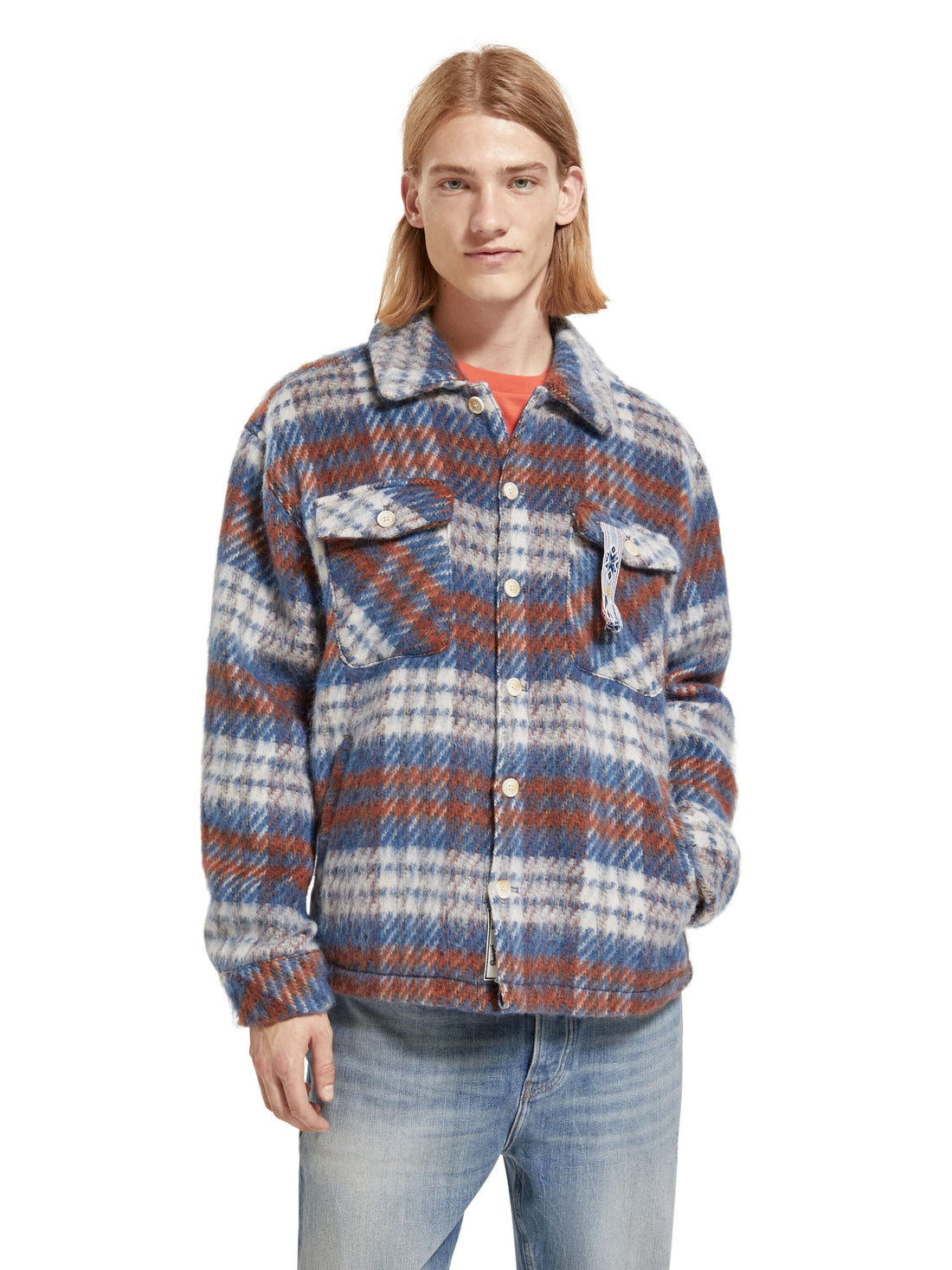 Brushed Wool blend check overshirt Blue White Check