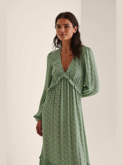 BALLOON SLEEVE MAXI FRILL DRESS -  Green flower