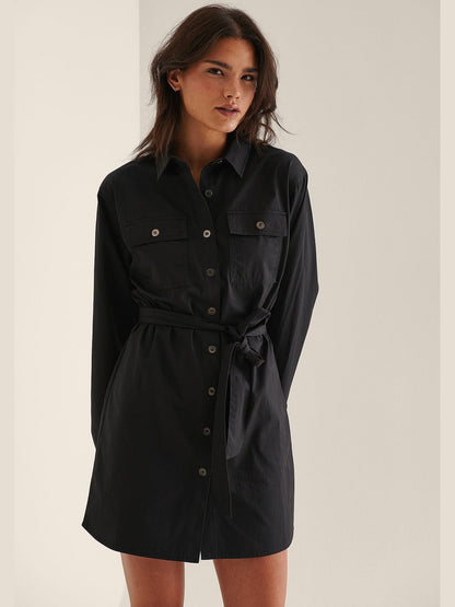 BELTED SHIRT DRESS - Black