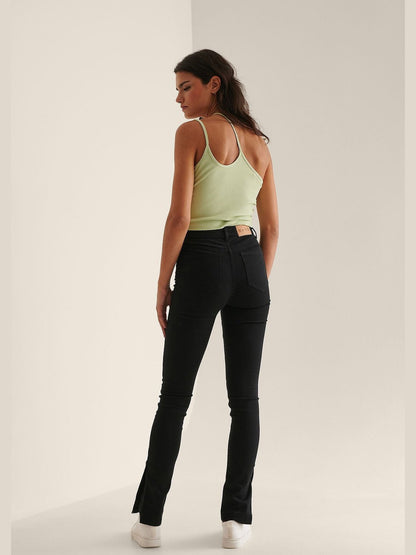 SIDE SLIT SKINNY JEANS  - Black