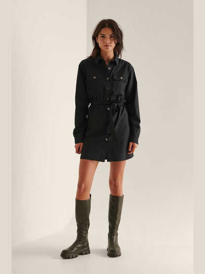 BELTED SHIRT DRESS - Black