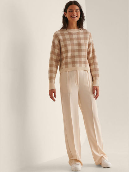 ROUND NECK KNITTED SWEATER - Beige Check