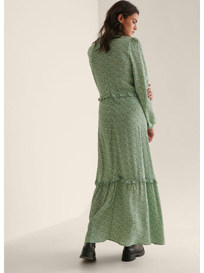 BALLOON SLEEVE MAXI FRILL DRESS -  Green flower